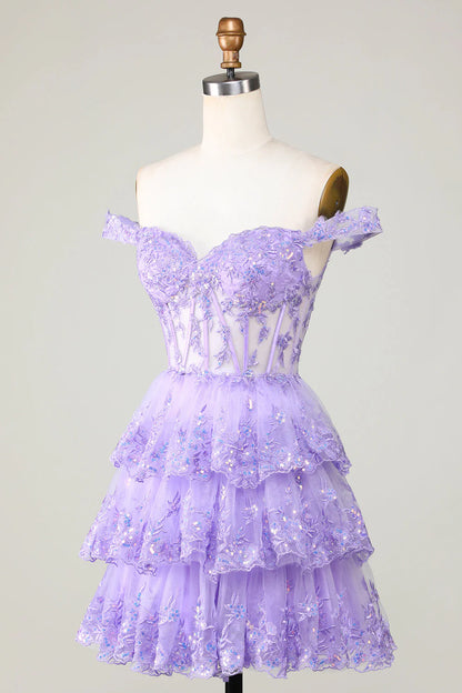 Elegant A Line Off the Shoulder Sequin Layered Purple Tulle Homecoming Dress DP757