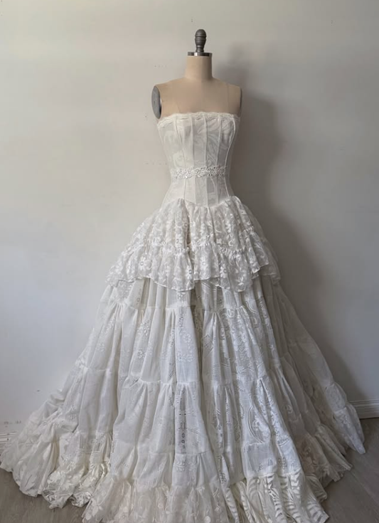 Vintage White A Line Strapless Corset Lace Long Prom Dress Evening Dress DP7883