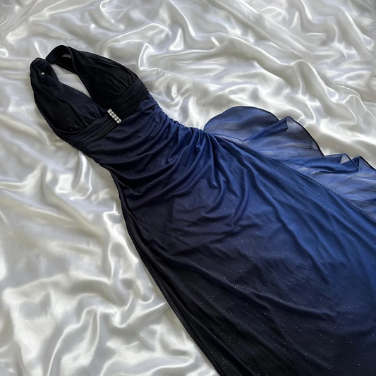 Ombre Navy Blue A Line Halter Chiffon Prom Dress Graduation Prom Dress DP1996