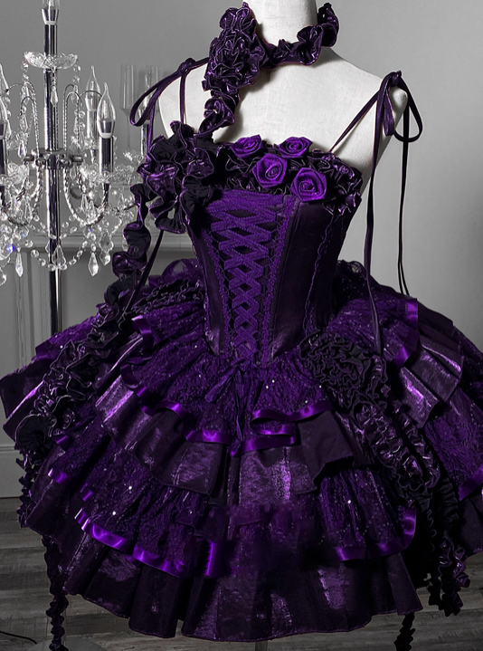 Purple Roses Neckline Lolita Goth Boning Dress Sequins Tiered Ruffle Dress DP4493