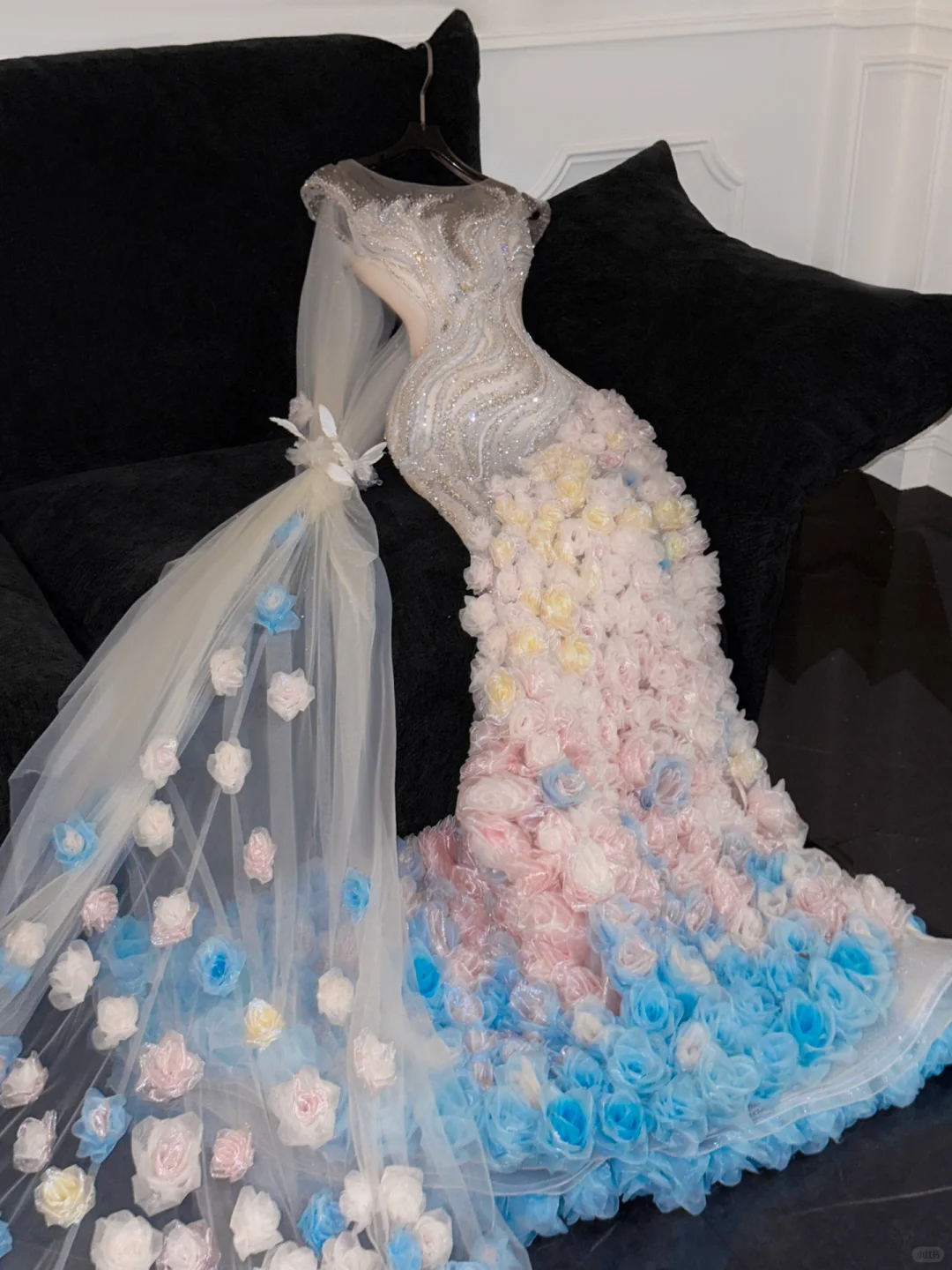Stunning Mermaid Round Neck Rhinestone Flower Tulle Prom Dress Party Dress DP2681
