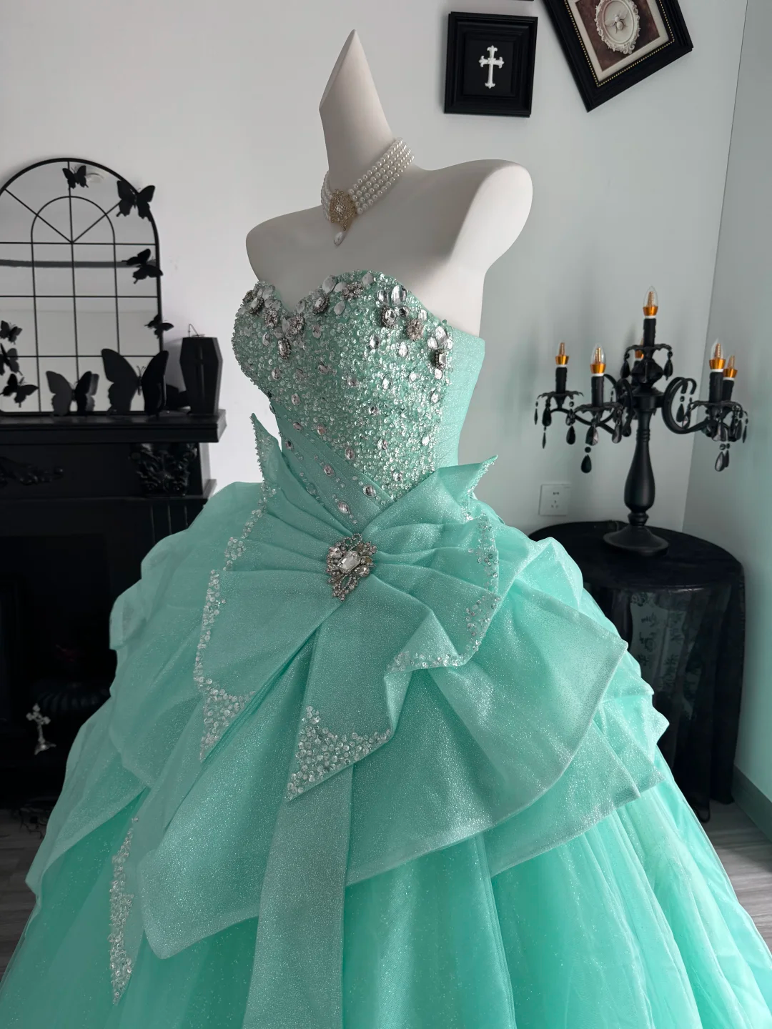 Mint Green Ball Gown Sweetheart Neck Sequin Beaded Tulle Prom Dress Quinceanera Dress DP6965