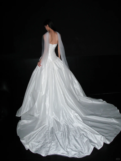 Pretty White Ball Gown Strapless Pleated Satin Long Train Wedding Dress DP8096