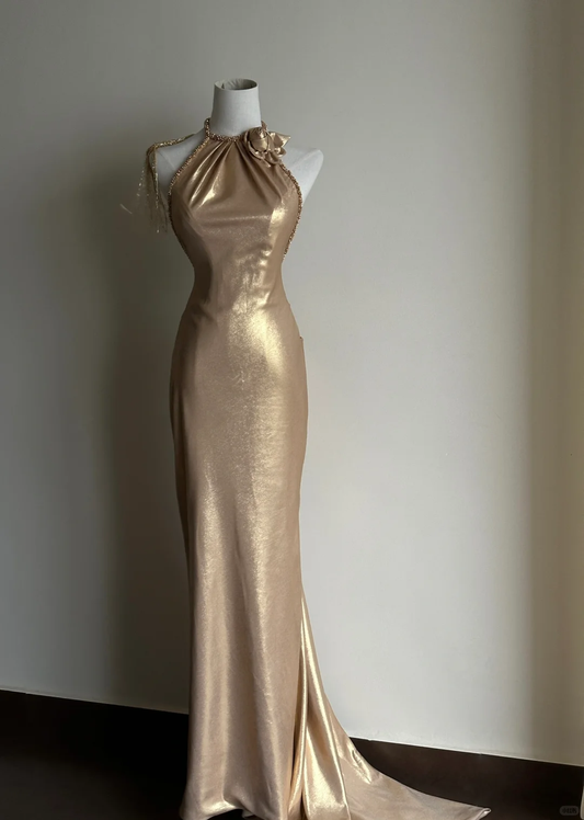 Golden Mermaid Halter Exquisite Beaded Satin Prom Dress Formal Dress Evening Dress DP3448