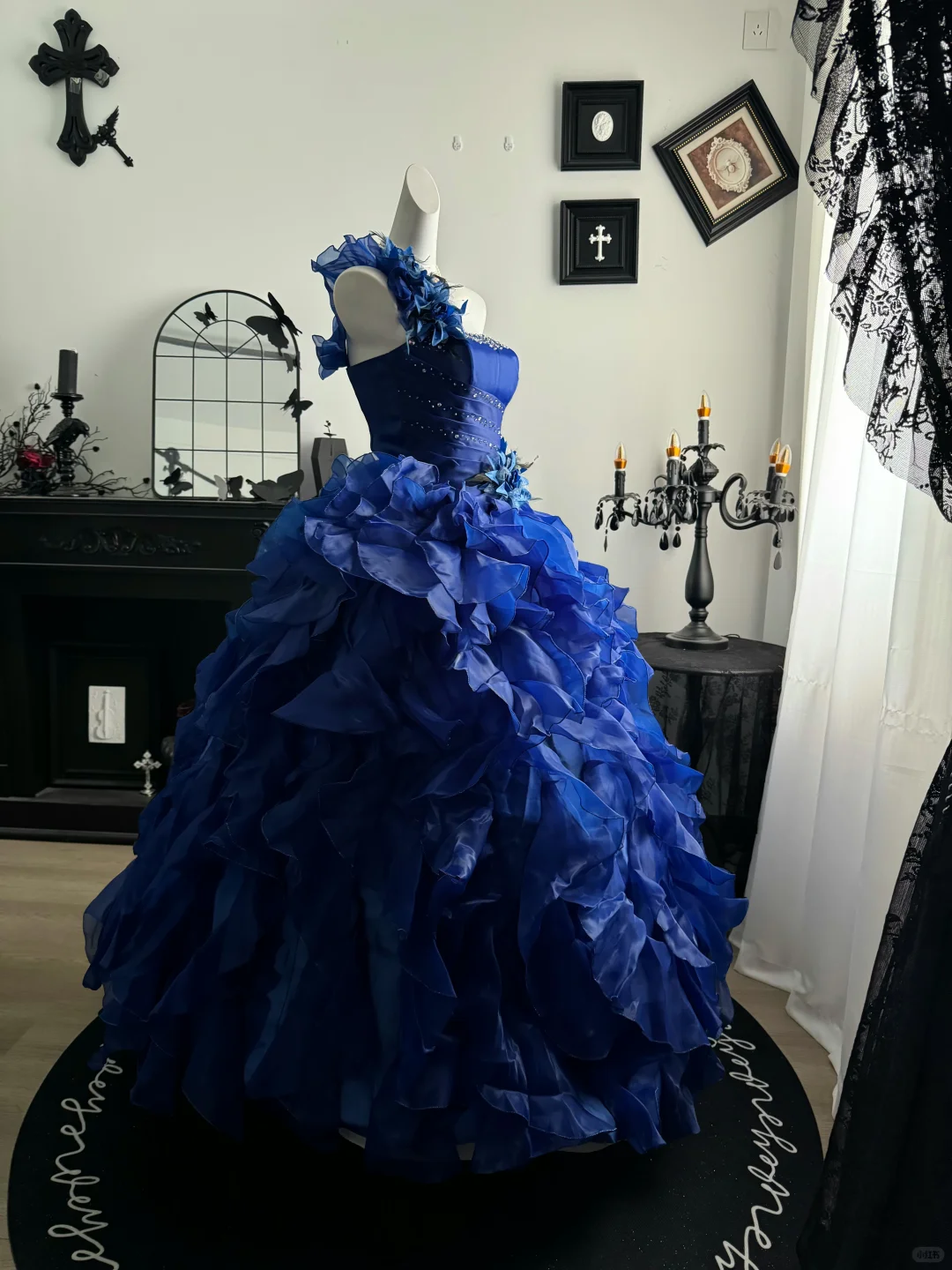 Royal Blue Ball Gown One Shoulder Beaded Ruffle Organza Prom Dress Quinceanera Dress DP6961