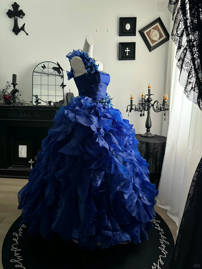 Royal Blue Ball Gown One Shoulder Beaded Ruffle Organza Prom Dress Quinceanera Dress DP6961