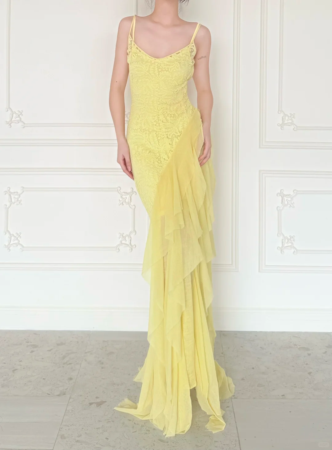 Stunning Yellow Sheath Spaghetti Strap Lace Chiffon Prom Dress Evening Dress DP6444