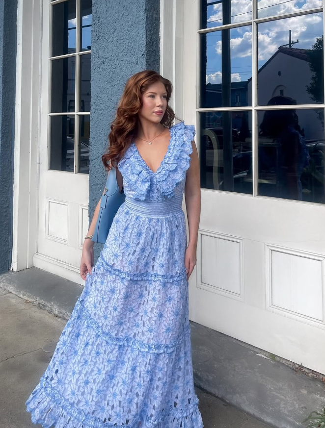 Unique Blue A Line V Neck Exquisite Lace Long Prom Dress Evening Dress DP8025