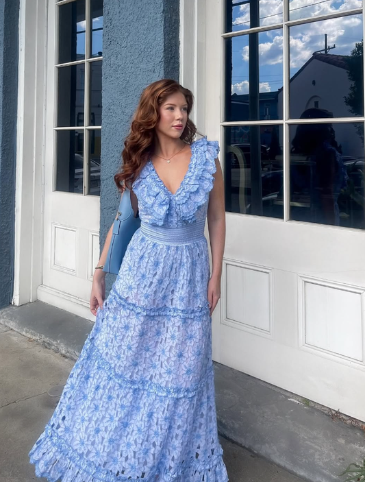 Unique Blue A Line V Neck Exquisite Lace Long Prom Dress Evening Dress DP8025