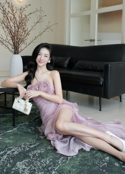 Stunning A Line Strapless Ruffle Pink Chiffon Prom Dress Evening Dress with Slit DP5916