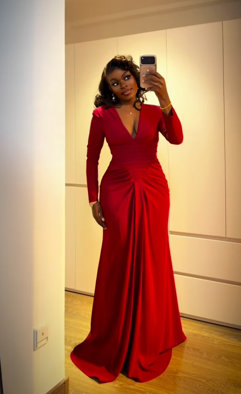 Red Mermaid Long Sleeve Satin Long Prom Dress Evening Dress DP7864