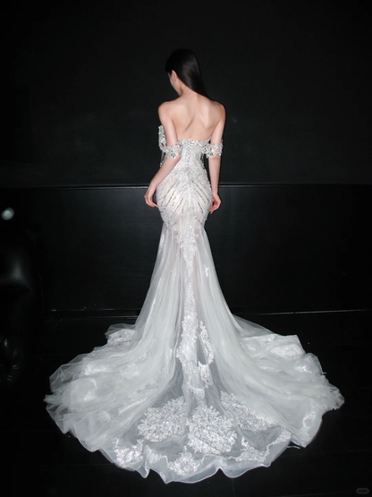 Glamorous Mermaid Off the Shoulder Shiny Rhinestone Tulle Long Train Wedding Dress DP8098
