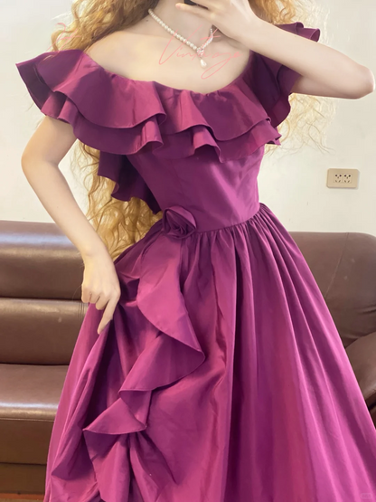 Vintage Purple A Line Off the Shoulder Ruffle Satin Prom Dress Outfits DP4574