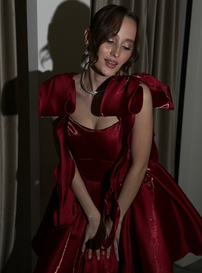 Charming Burgundy A Line Off the Shoulder Bow Satin Mini Homecoming Dress Cocktail Dress DP2980