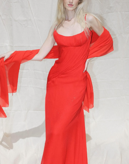 Simple A Line Spaghetti Strap Red Chiffon Long Prom Dress Evening Dress DP2085