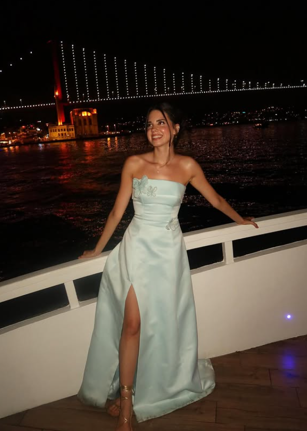 Elegant A Line Strapless Blue Satin Prom Dress Evening Dress with Slit DP5912