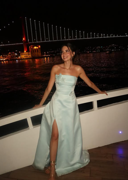 Elegant A Line Strapless Blue Satin Prom Dress Evening Dress with Slit DP5912