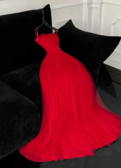 Charming A Line Strapless Simple Red Tulle Prom Dress DP4641