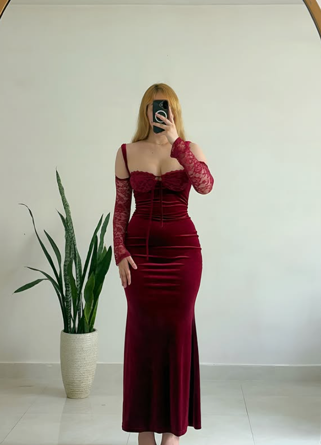 Sexy Sheath Straps Red Lace Velvet Prom Dress Evening Dress with Slit DP6150