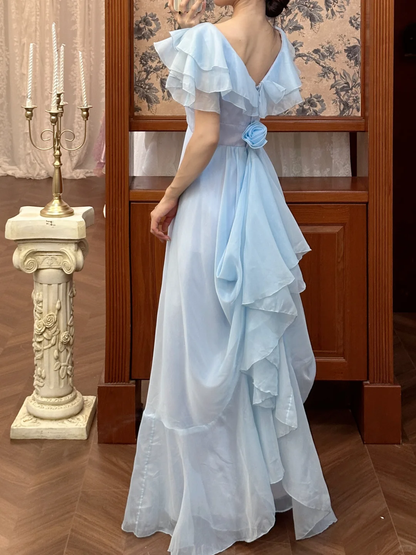Vintage Simple A Line Off the Shoulder Layered Blue Chiffon Prom Dress DP4825