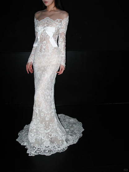 Unique Mermaid Long Sleeve White Exquisite Lace Long Wedding Dress DP8090
