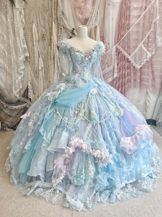Blue Ball Gown V Neck Exquisite Beaded Layered Lace Tulle 16th Birthday Dress Prom Dress DP3812