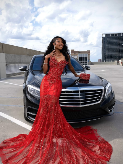 Stunning Red Mermaid Strapless Luxurious Beaded Sequin Tulle Long Prom Dress DP5057