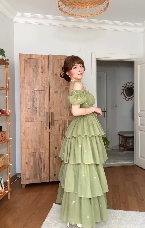 Green A Line Off the Shoulder Embroidery Floral Chiffon Prom Dress Outfits DP4434