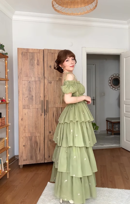 Green A Line Off the Shoulder Embroidery Floral Chiffon Prom Dress Outfits DP4434