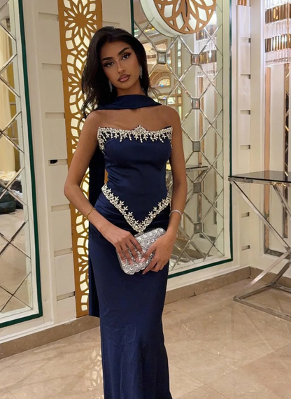 Navy Blue Sheath Strapless Exquisite Beaded Satin Prom Dress Evening Dress DP5028