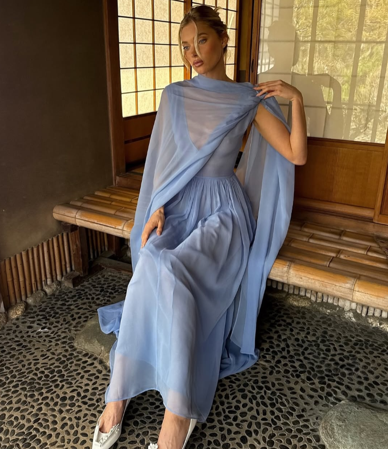 Blue A Line Deep V Neck Chiffon Evening Dress Cocktail Dress with Cape DP3123