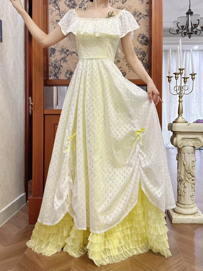 Vintage A Line Off the Shoulder White Lace Yellow Tulle Prom Dress DP4826