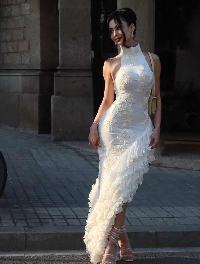 Stunning Appliques Sheath Ruffle Chiffon Satin Long Evening Party Dress Date Dress with Slit DP2992
