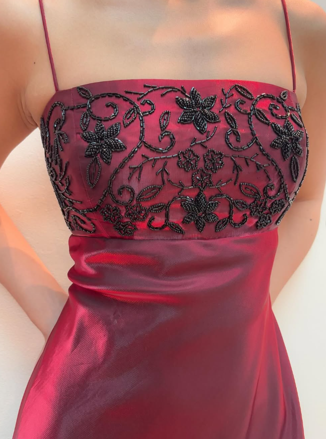 Sparkle A Line Spaghetti Strap Beaded Burgundy Satin Prom Dress Evening Dress DP1761