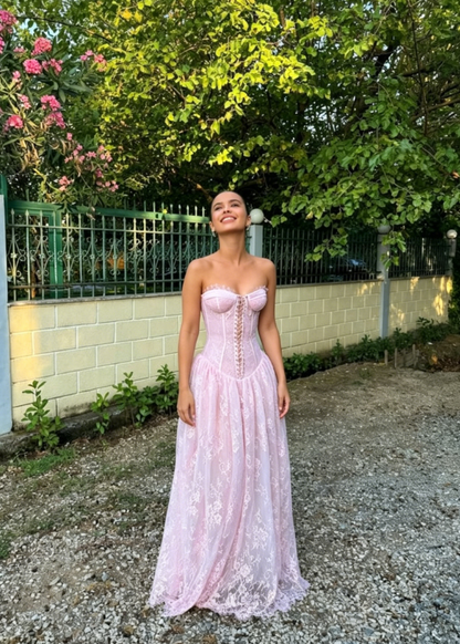 Gentle A Line Sweetheart Neck Pink Lace Long Prom Dress Party Dress DP4130