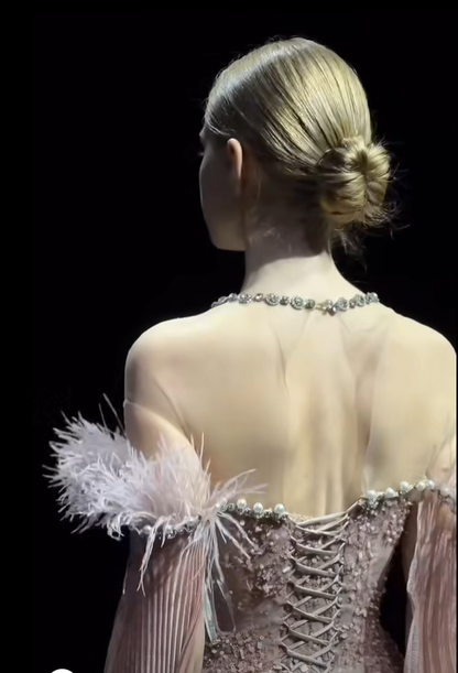 Green Mermaid Halter Exquisite Beaded Feather Tulle Long Prom Dress DP4813