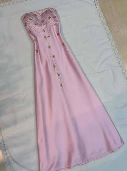 Pink A Line Strapless Sequin Beaded Satin Prom Dress Evening Dress DP1608