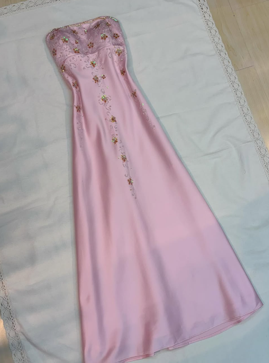 Pink A Line Strapless Sequin Beaded Satin Prom Dress Evening Dress DP1608