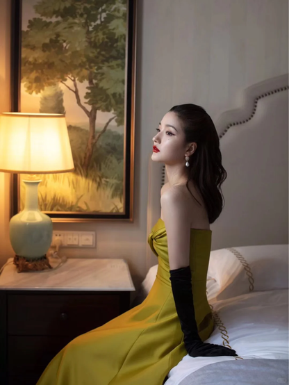 Simple A Line Strapless Yellow Satin Long Prom Dress Party Dress DP2515