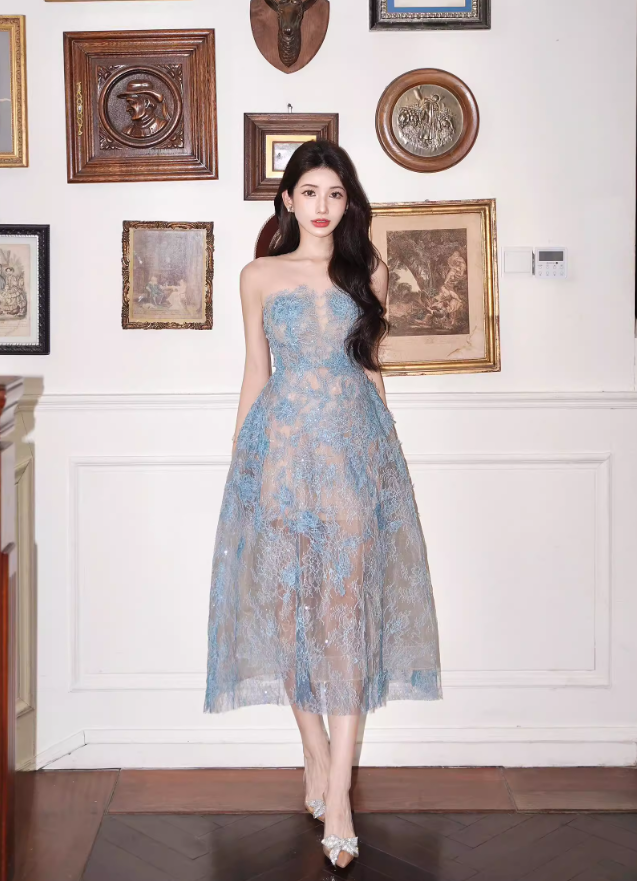 Gentle Blue A Line Strapless Lace Prom Dress Party Dress Date Dress DP4459