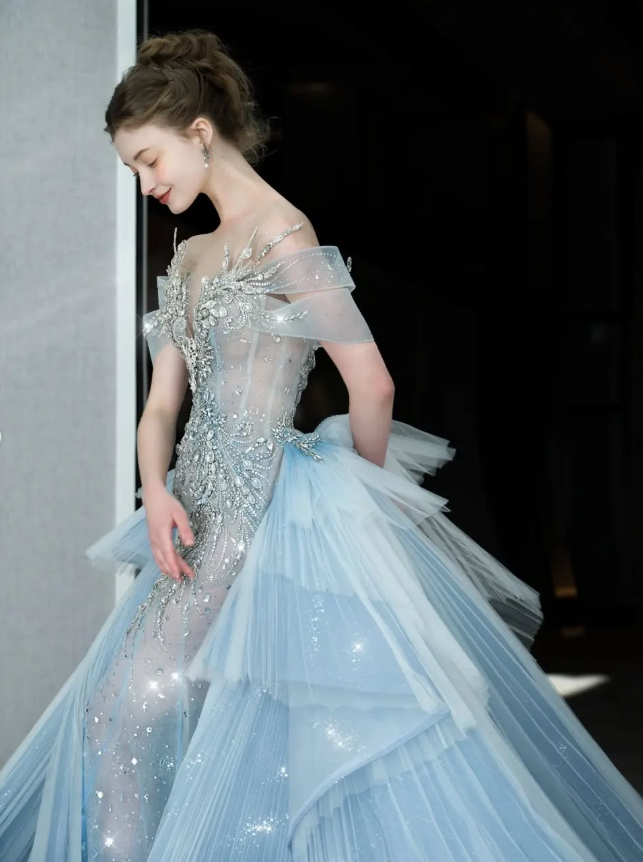 Blue Mermaid Off the Shoulder Exquisite Beaded Sequin Layered Tulle Long Prom Dress Evening Dress DP4685