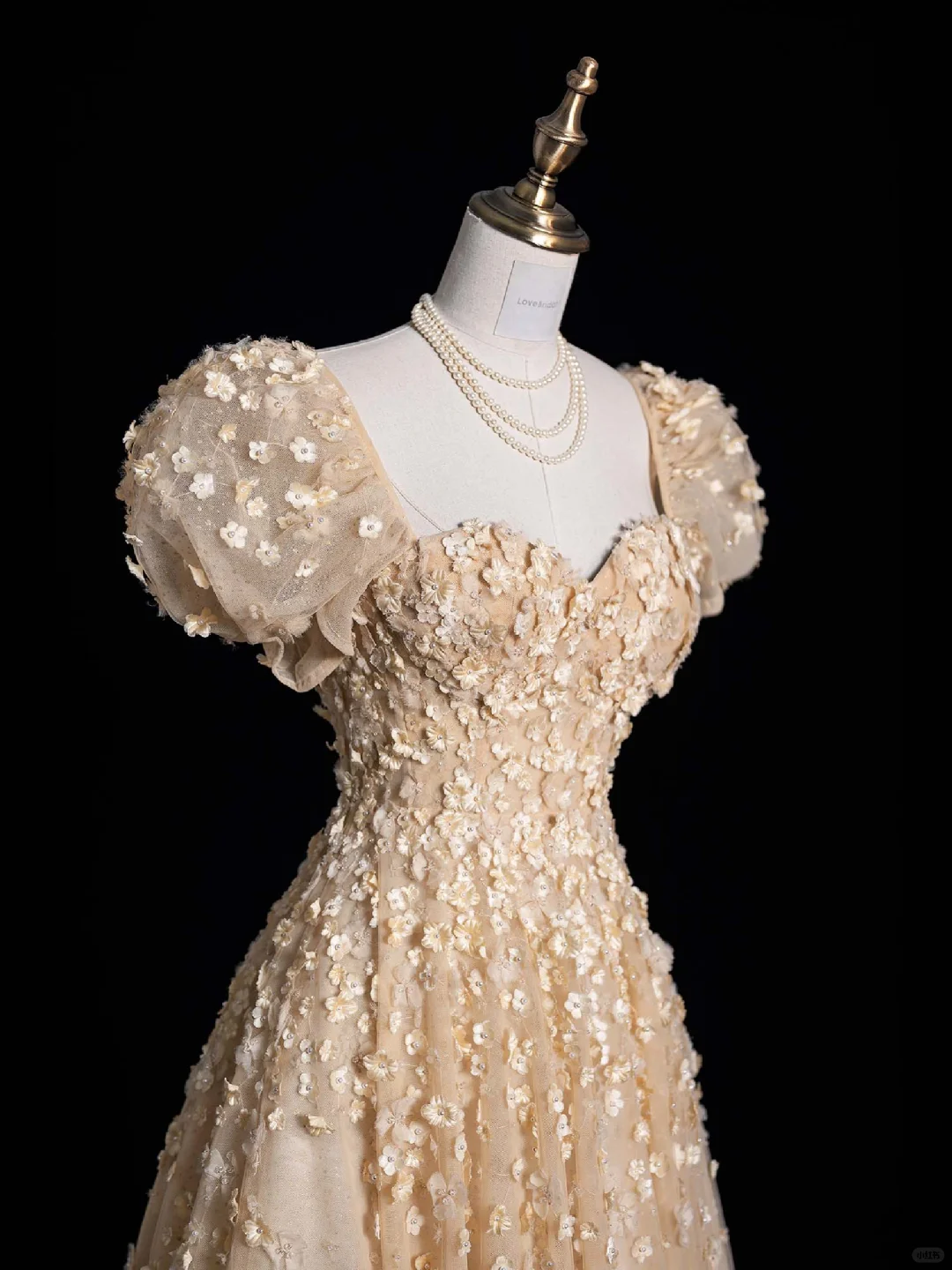 Cute A Line Puff Sleeve 3D Flower Champagne Tulle Long Prom Dress Graduation Prom Dress DP2011