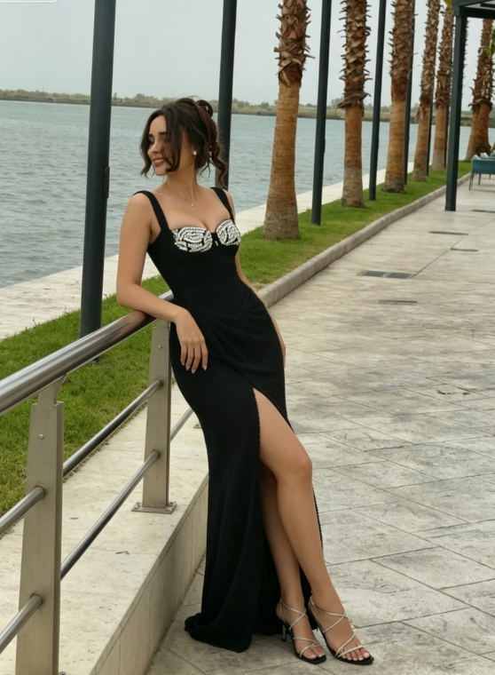 Sexy Black Sheath Straps Beaded Satin Long Prom Dress Evening Dress with Slit DP5147