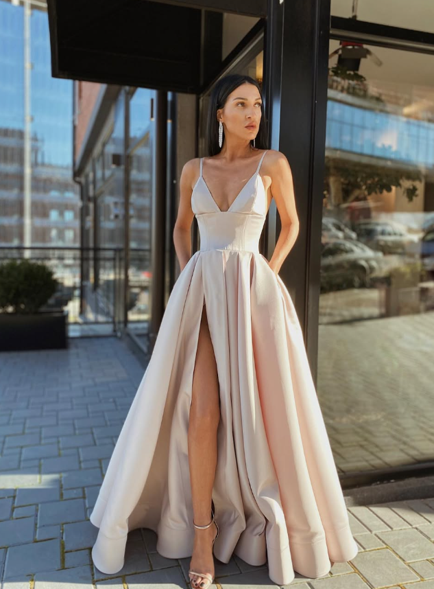 Apricot A Line Spaghetti Strap Satin Prom Dress Evening Dress with Slit DP5595