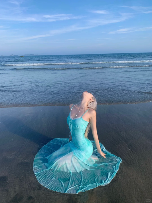 Blue Mermaid Spaghetti Straps Chiffon Long Vacation Dress Outfits DP3847
