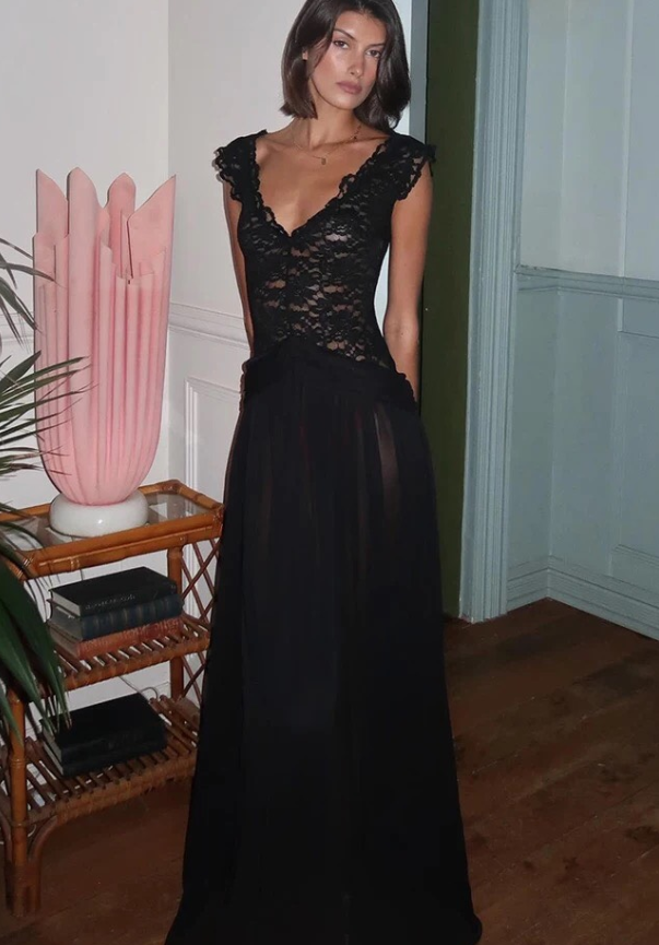 Elegant White A Line V Neck Lace Chiffon Long Prom Dress Evening Prom Dress DP4890