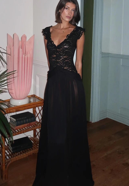 Elegant White A Line V Neck Lace Chiffon Long Prom Dress Evening Prom Dress DP4890