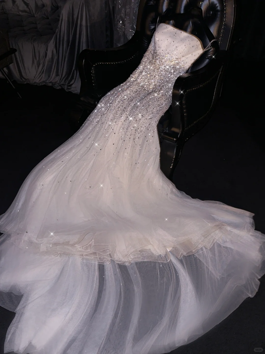 Stunning A Line Strapless Sequin White Tulle Long Prom Dress Evening Dress DP1957