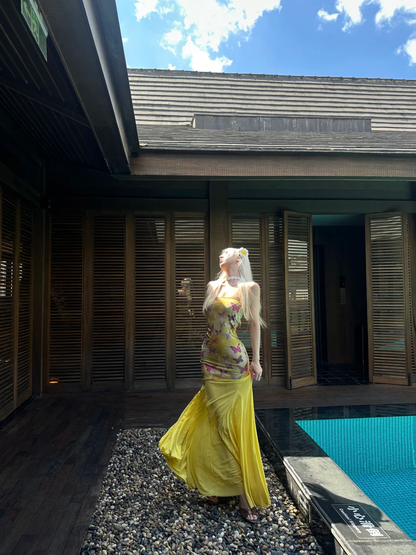 Yellow Mermaid Strapless Butterfly Print Chiffon Vacation Dress Outfits DP3844