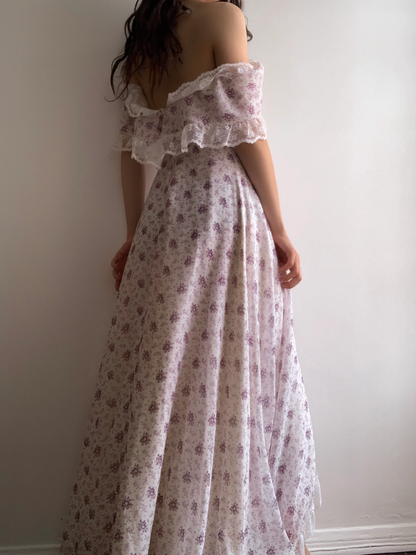 Purple Print Floral A Line Off the Shoulder Lace Chiffon Prom Dresses Evening Dress Date Dress DP3420